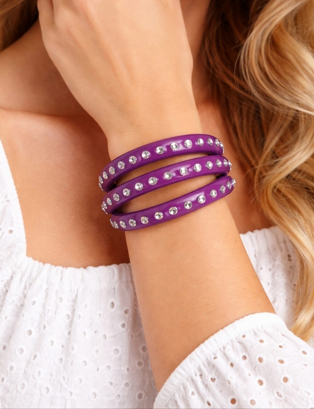 Purple Rhinestone Bangle Bracelet Set of 3 Statement Stack Glam Fashion Jewelry